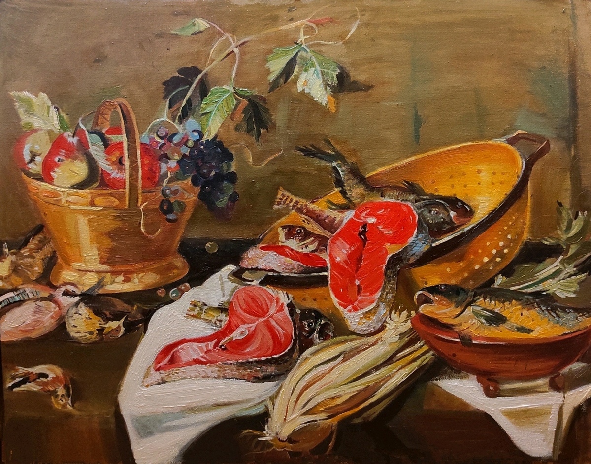 Картина Копия. «Натюрморт с фруктами в медной чаше с рыбой и дичью» #3167 |  Арт галерея GMOT