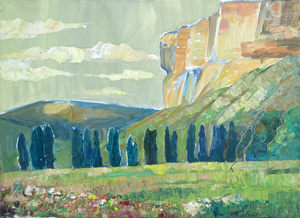 Картина маслом. Крымский пейзаж с кипарисами